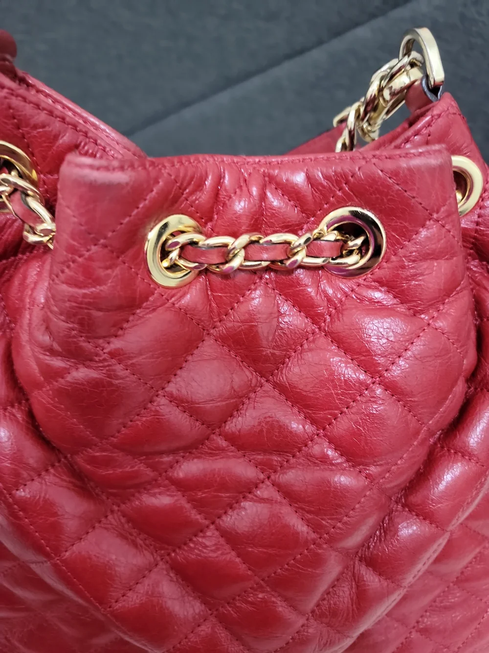 Michael Kors Red Quilted Leather Drawstring Shoulder Bag with Gold Chain